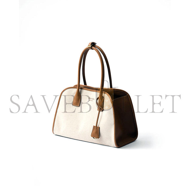 Pra*a medium linen blend and leather tote bag 1bg572 (35*22*18cm)